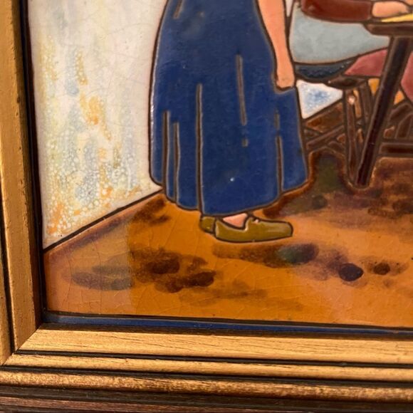 Antique Don Quixote Scene 8” Enameled Clay 8” Square Tiles Custom Framed - Picture 10 of 16